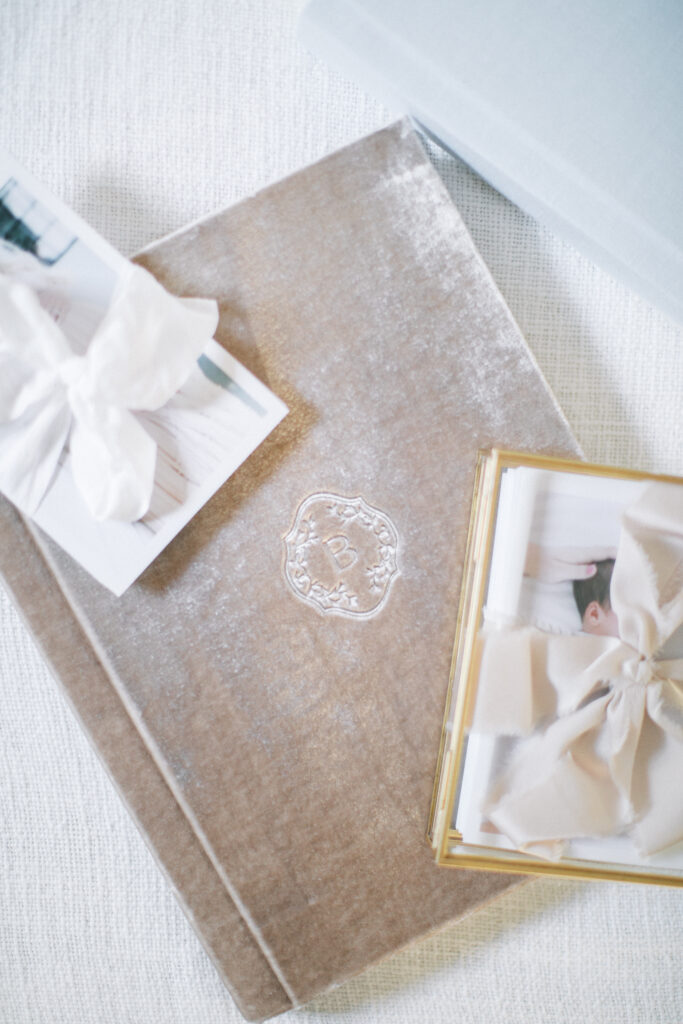 Heirloom Album with luxurious velvet cover in soft neutral tones, handcrafted by an Orlando family photographer.