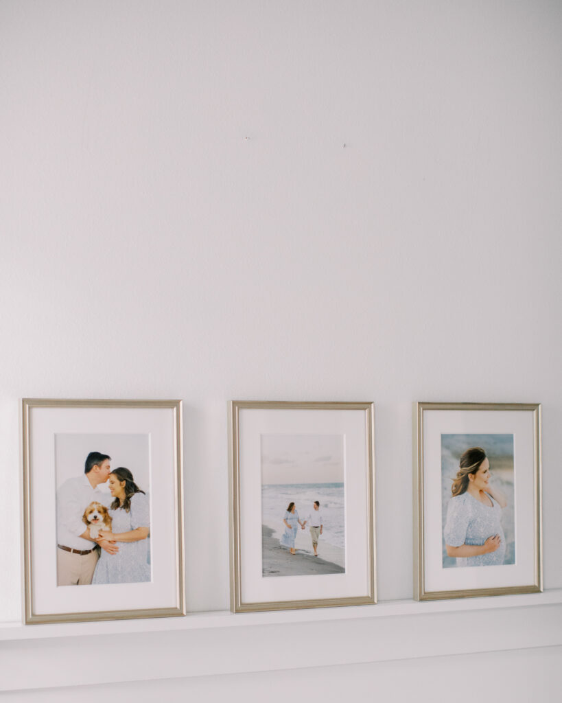 Custom framed artwork by Orlando newborn photographer featuring a sunset beach session. 