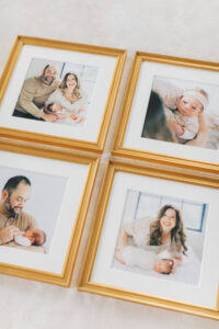 Custom gallery wall and album design with family photos from newborn and milestone sessions, Winter Park FL photographer.